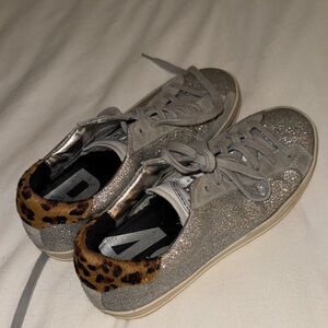 P448 Silver Glitter Sneakers with Leopard Accent